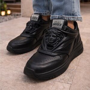 Versace Black Leather Medusa-Emblem Men's Sneakers
